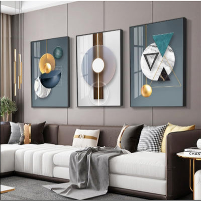 Ensemble de 3 Tableaux Encadrés – Art Géométrique Abstrait