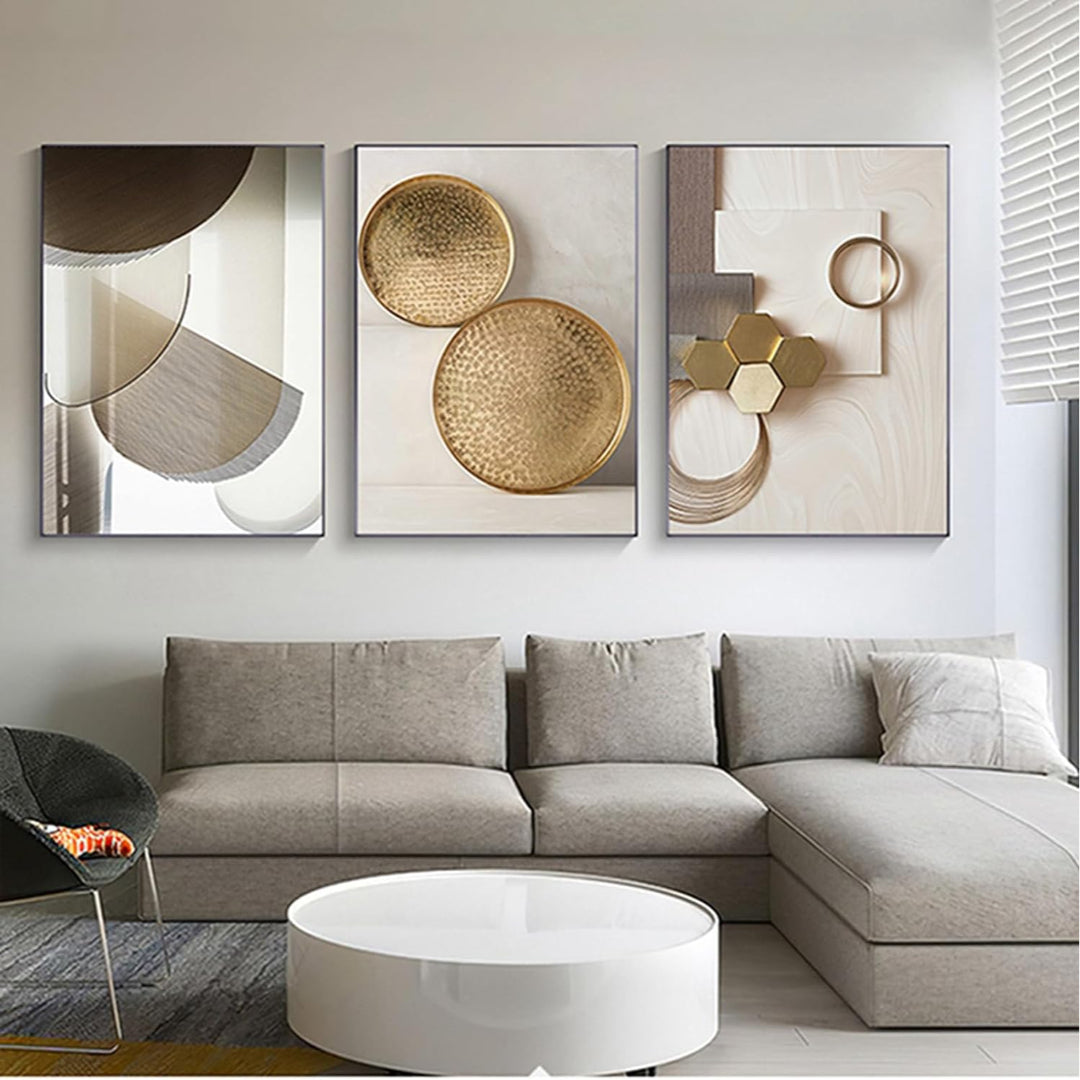 Tableau Mural Triptyque Moderne – Marbre Géométrique Beige