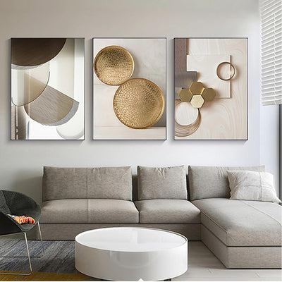 Tableau Mural Triptyque Moderne – Marbre Géométrique Beige