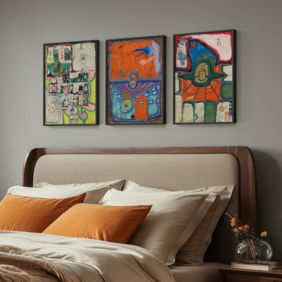Ensemble de 3 Tableaux Abstraits Colorés – Style Moderne du Milieu du Siècle