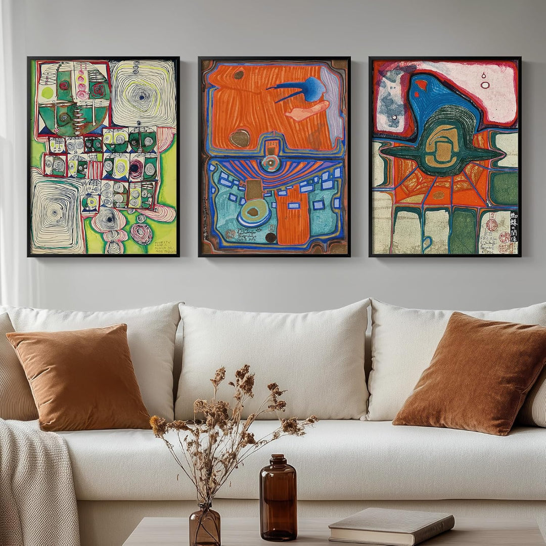 Ensemble de 3 Tableaux Abstraits Colorés – Style Moderne du Milieu du Siècle
