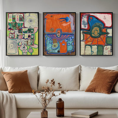 Ensemble de 3 Tableaux Abstraits Colorés – Style Moderne du Milieu du Siècle