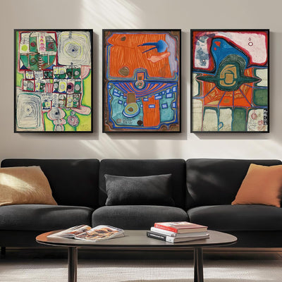 Ensemble de 3 Tableaux Abstraits Colorés – Style Moderne du Milieu du Siècle