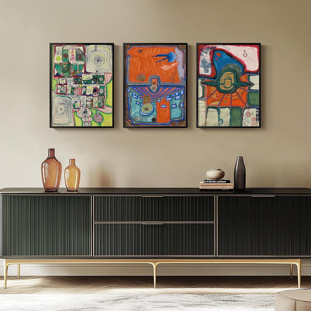 Ensemble de 3 Tableaux Abstraits Colorés – Style Moderne du Milieu du Siècle