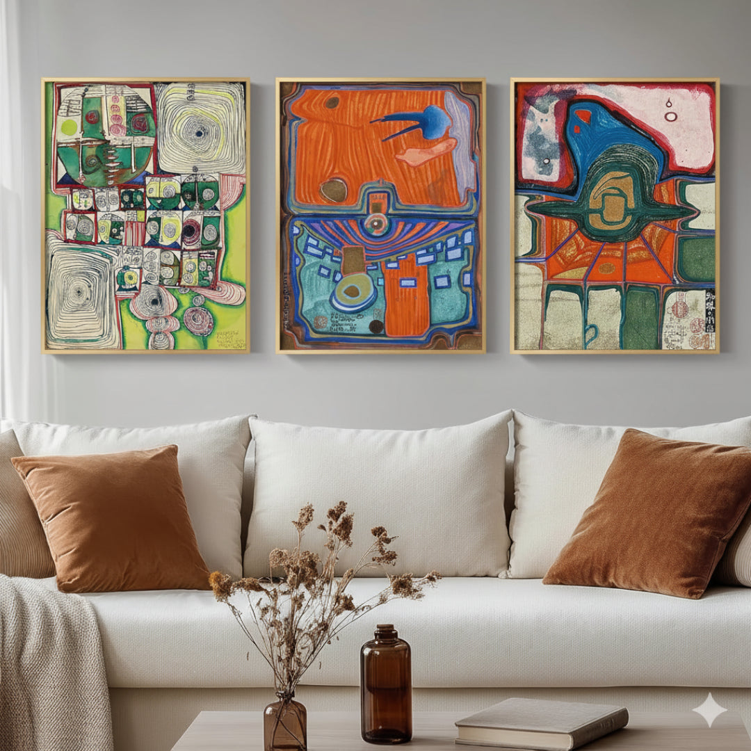 Ensemble de 3 Tableaux Abstraits Colorés – Style Moderne du Milieu du Siècle