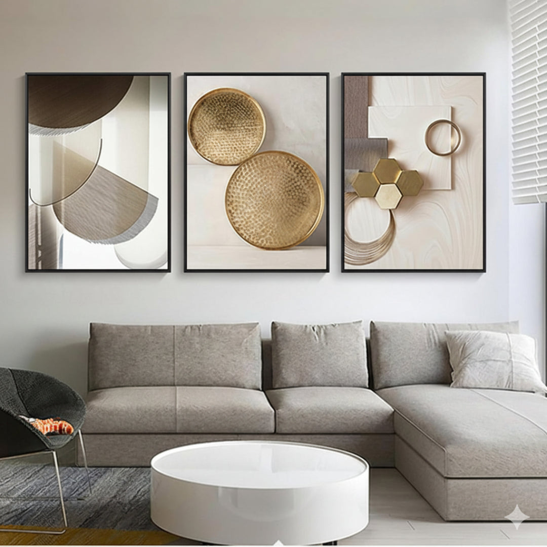 Tableau Mural Triptyque Moderne – Marbre Géométrique Beige