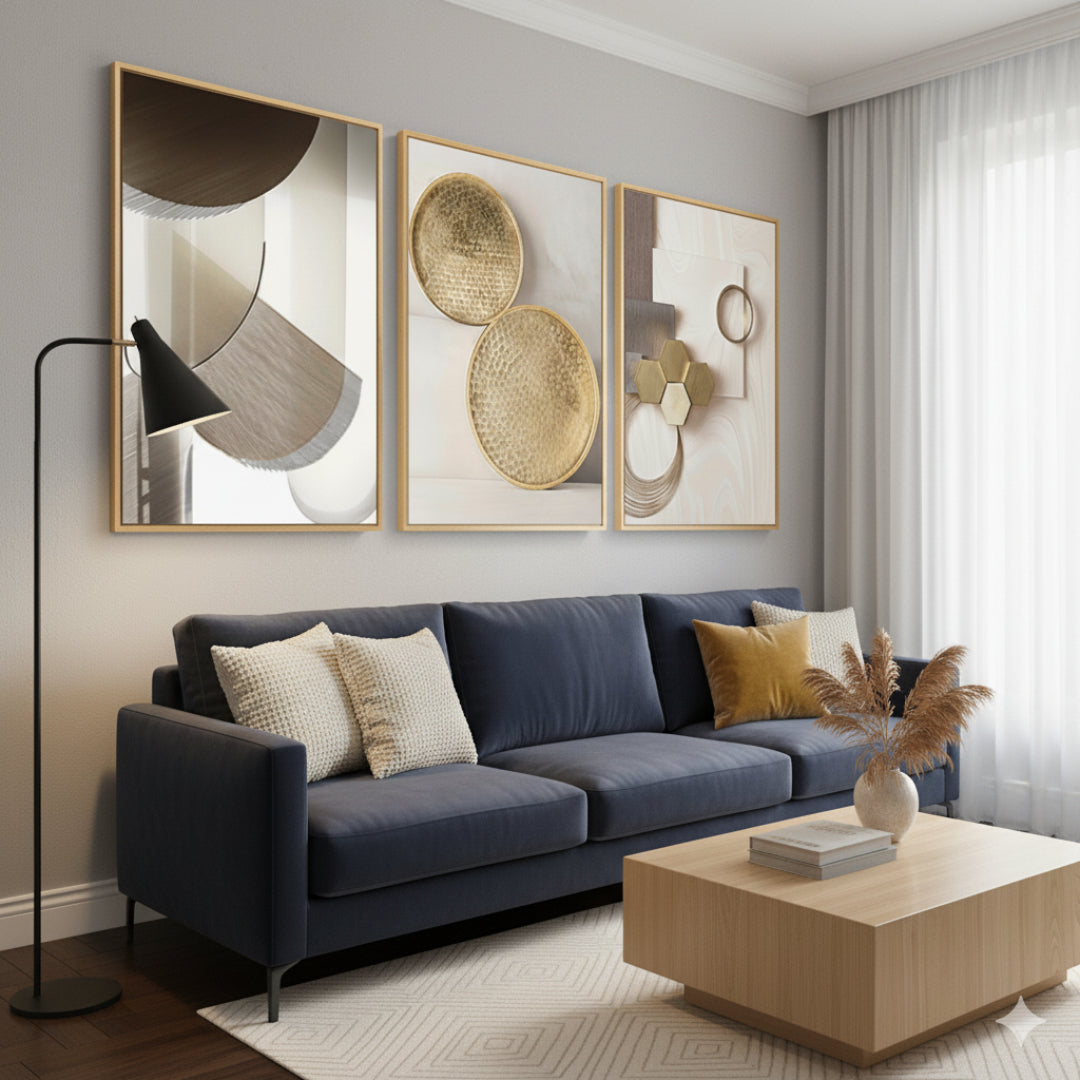 Tableau Mural Triptyque Moderne – Marbre Géométrique Beige