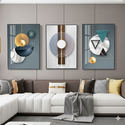 Ensemble de 3 Tableaux Encadrés – Art Géométrique Abstrait