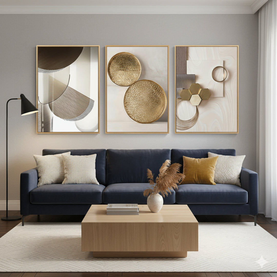 Tableau Mural Triptyque Moderne – Marbre Géométrique Beige