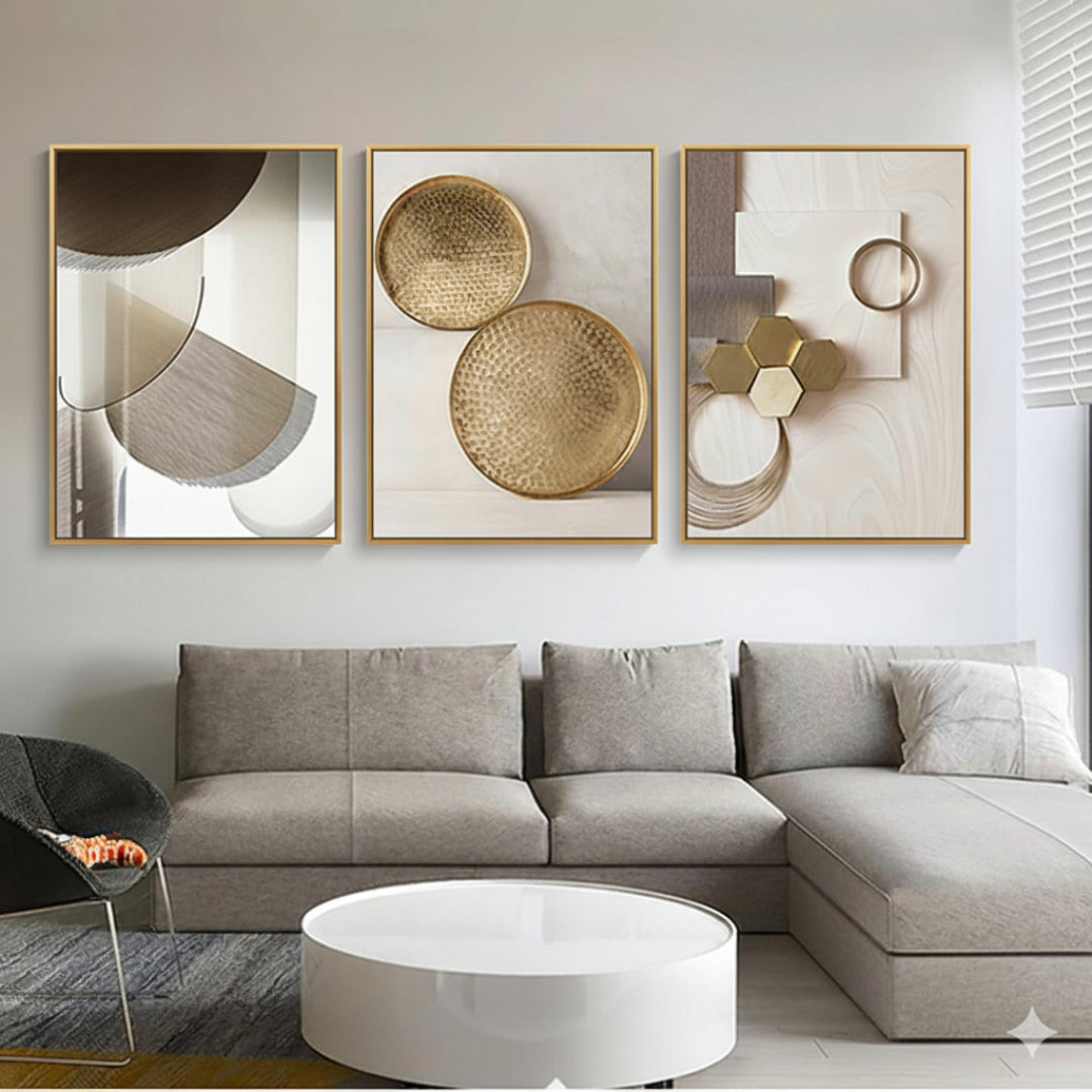 Tableau Mural Triptyque Moderne – Marbre Géométrique Beige