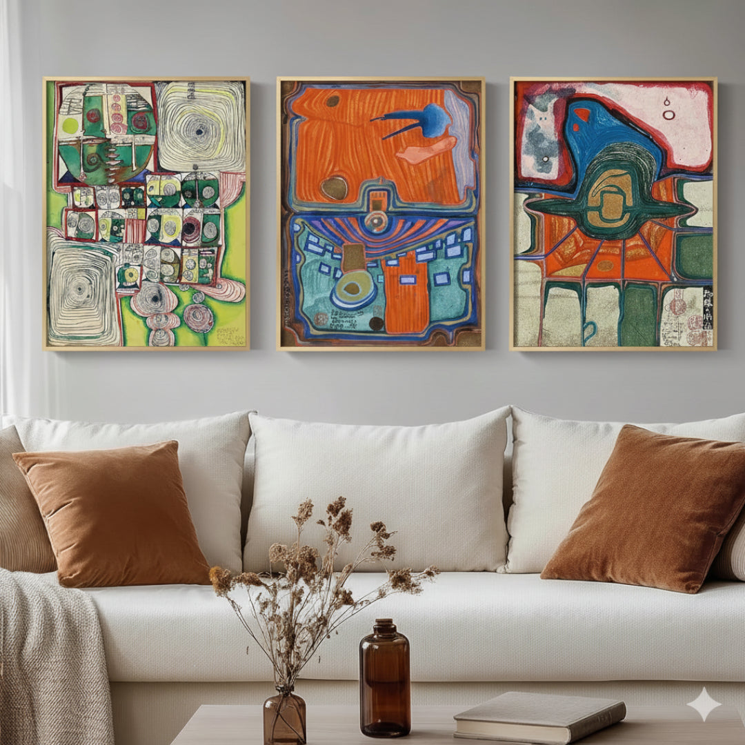 Ensemble de 3 Tableaux Abstraits Colorés – Style Moderne du Milieu du Siècle