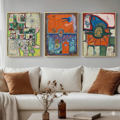 Ensemble de 3 Tableaux Abstraits Colorés – Style Moderne du Milieu du Siècle