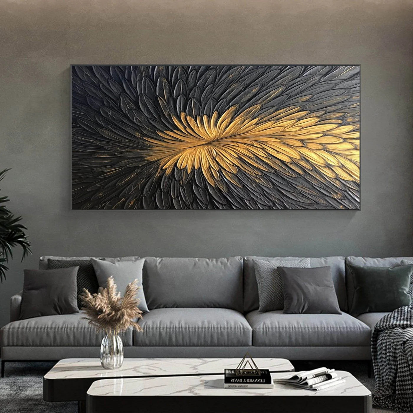 Décoration murale Black Gold Plumes – Cadre américain élégant